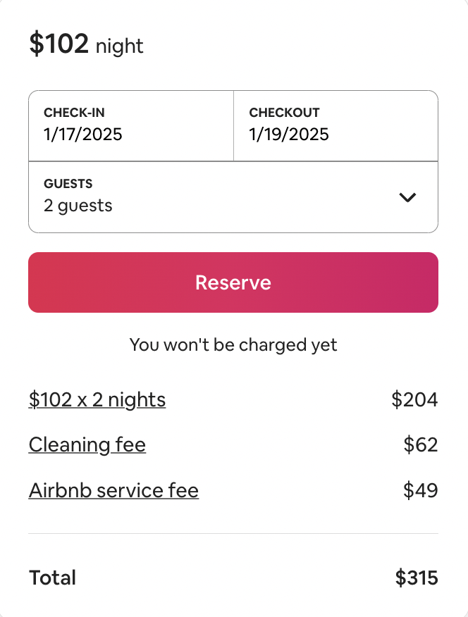 Example Airbnb cleaning fee