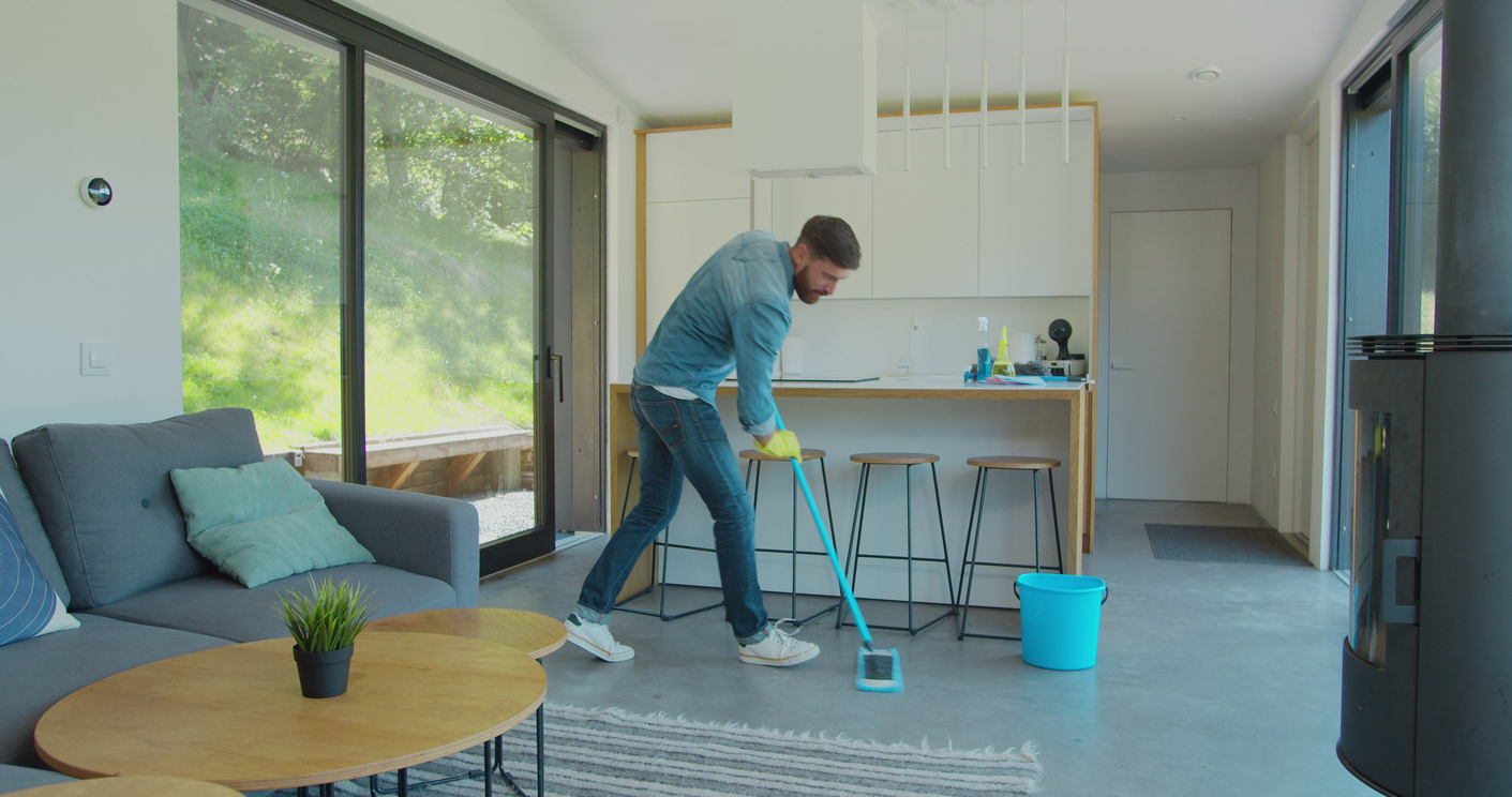 Cleaning a living room in a house